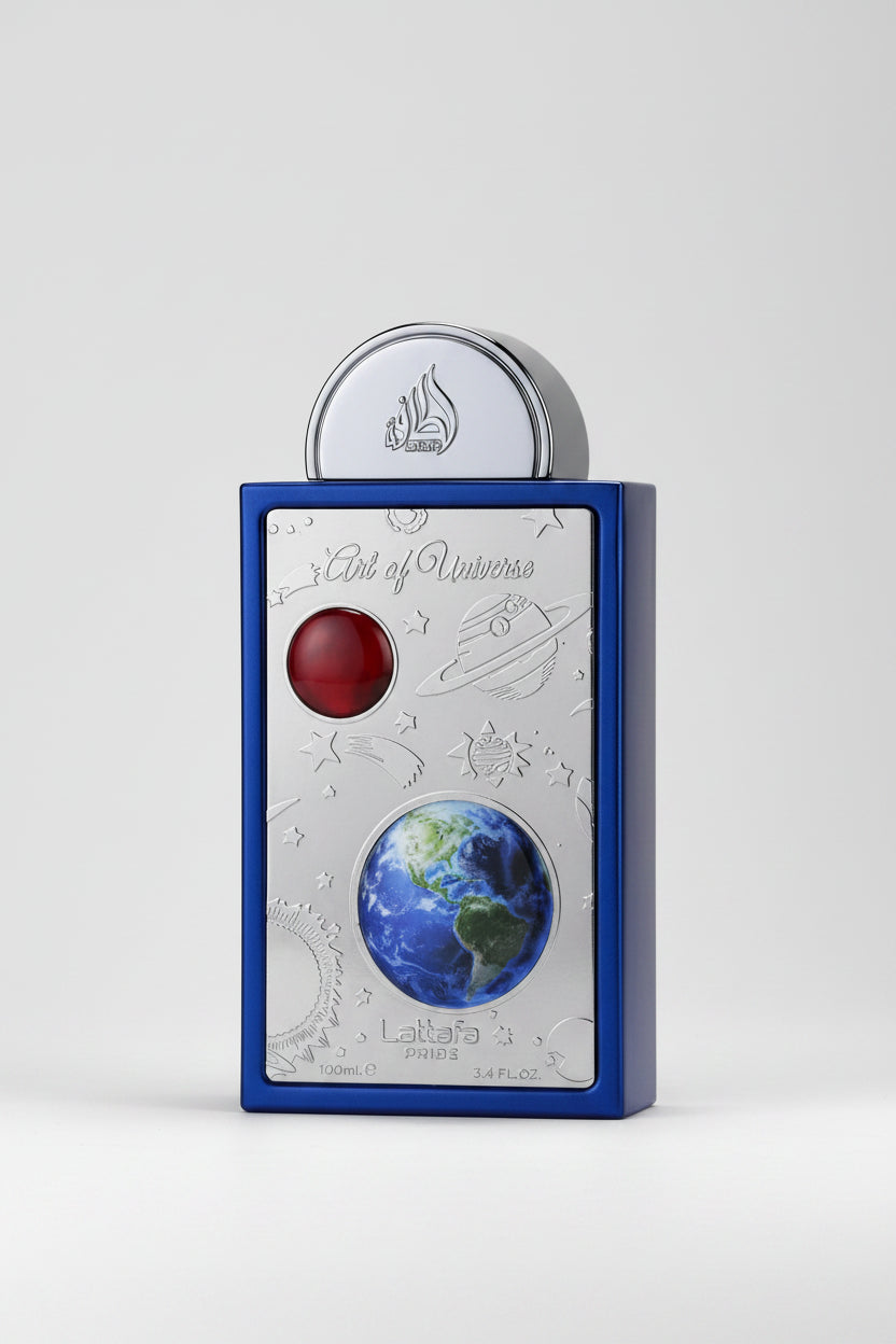Product packaging with Earth model and branding on a white background