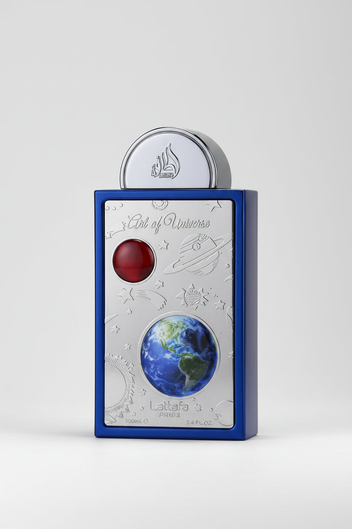 Product packaging with Earth model and branding on a white background