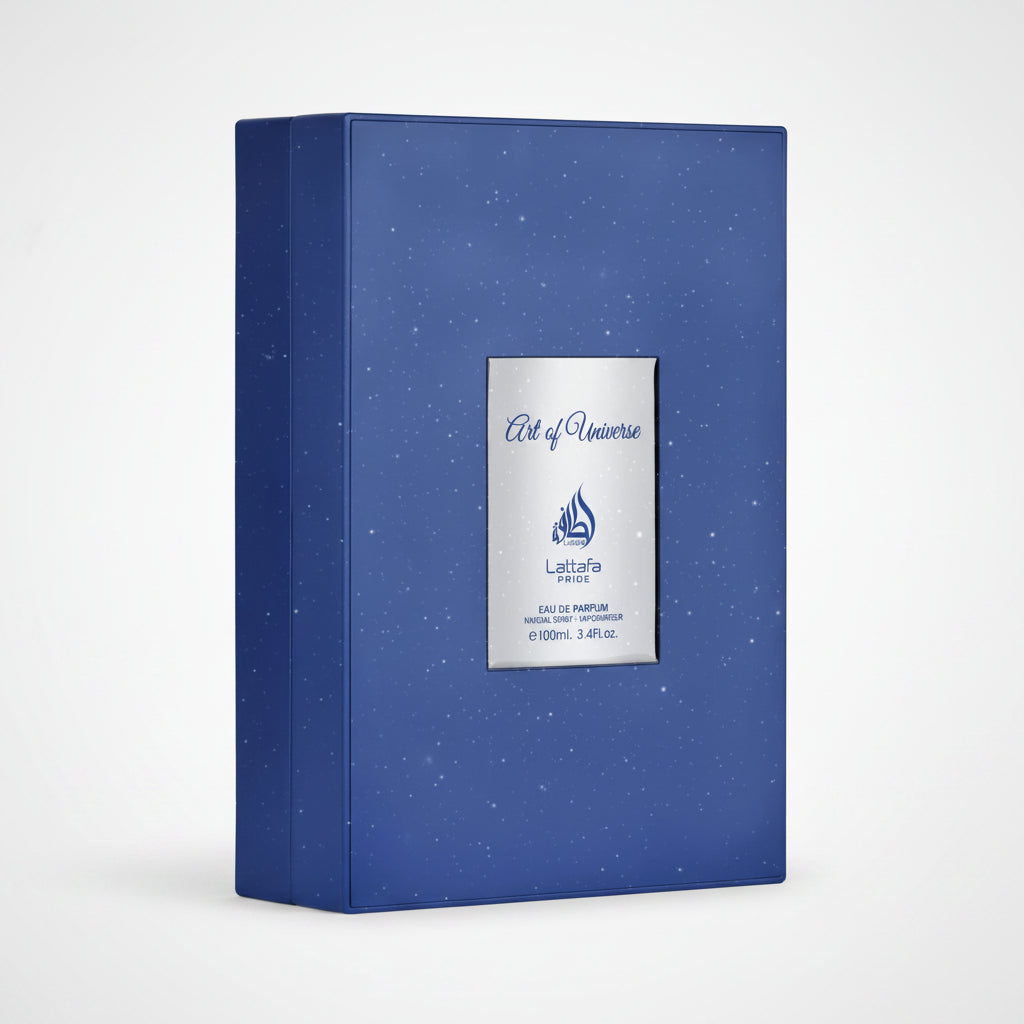 Blue box with 'Art of Universe' and 'Lattafa' branding on a white background