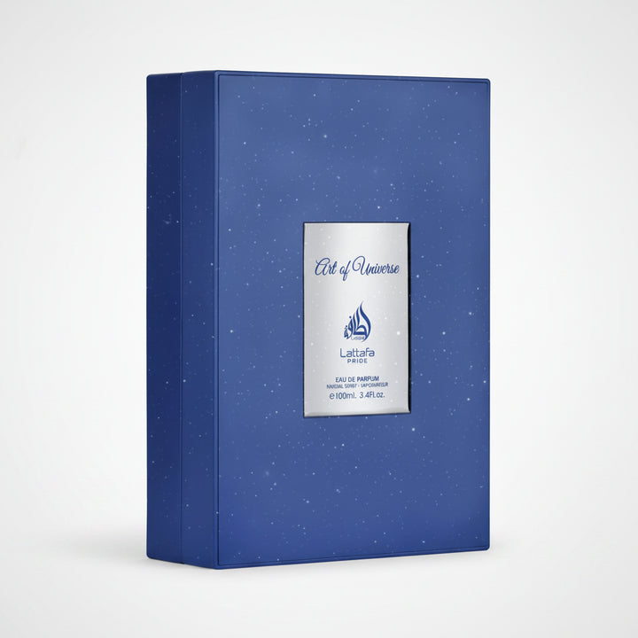 Blue box with 'Art of Universe' and 'Lattafa' branding on a white background