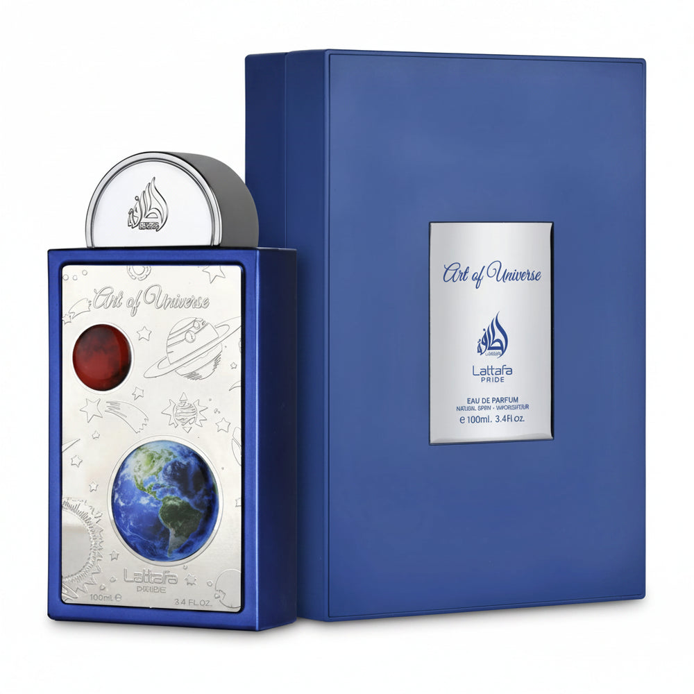 Blue Lattafa perfume bottle and packaging with 'Art of Universe' design on a white background