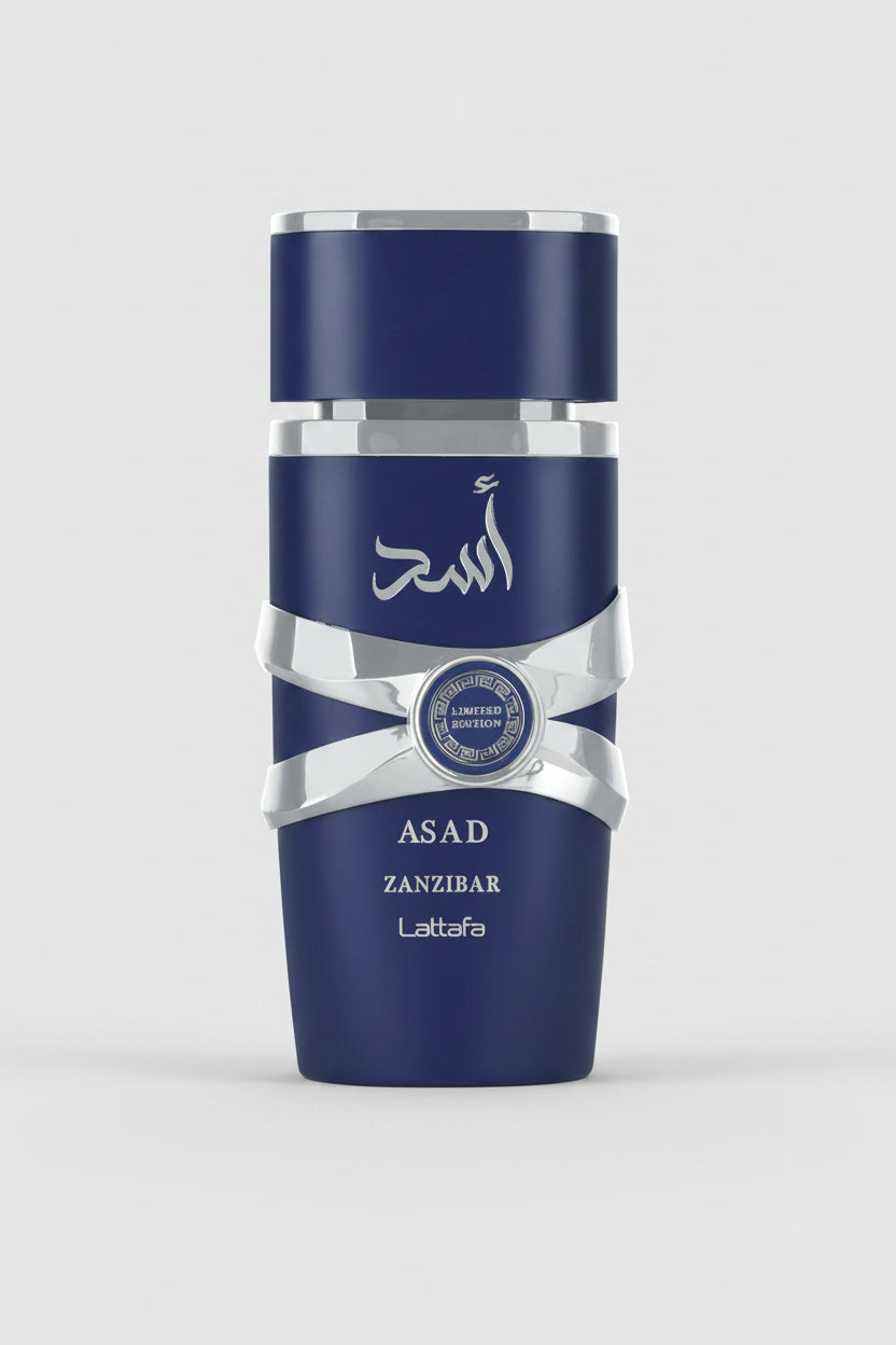 Blue perfume bottle with silver accents on a white background