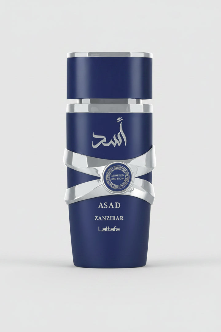 Blue perfume bottle with silver accents on a white background