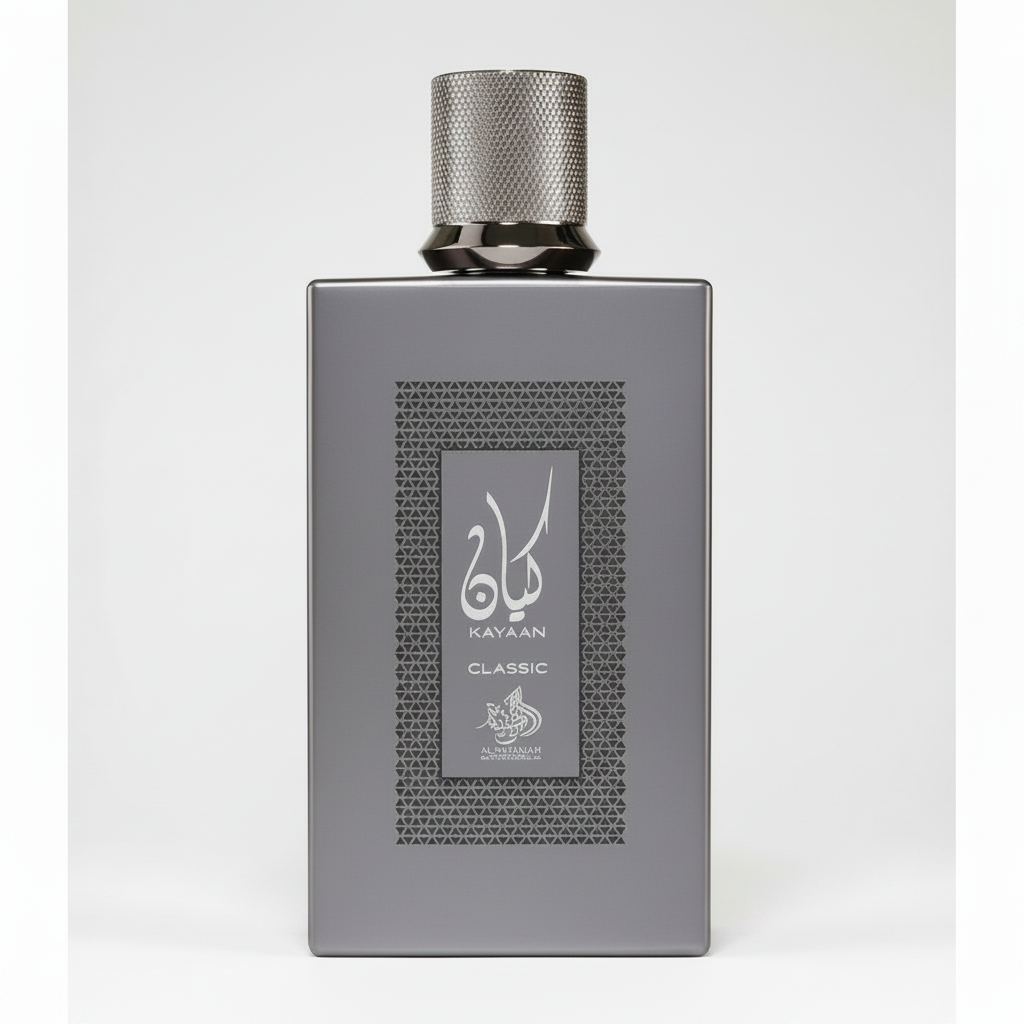A rectangular silver-gray bottle of Kayaan Classic perfume with a textured metallic cap, shown against a plain white background.