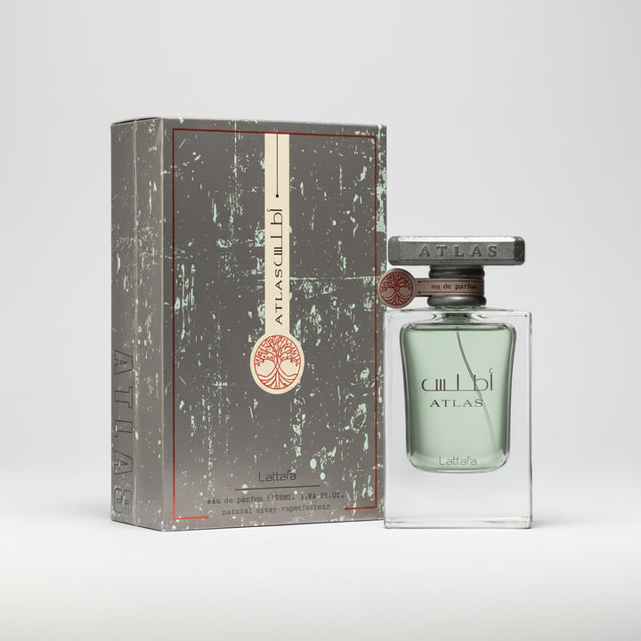 Atlas Collier perfume bottle with packaging on a white background