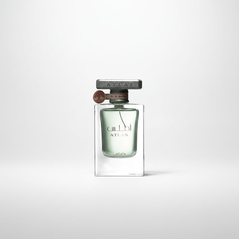 Perfume bottle labeled 'Atlas' on a white background