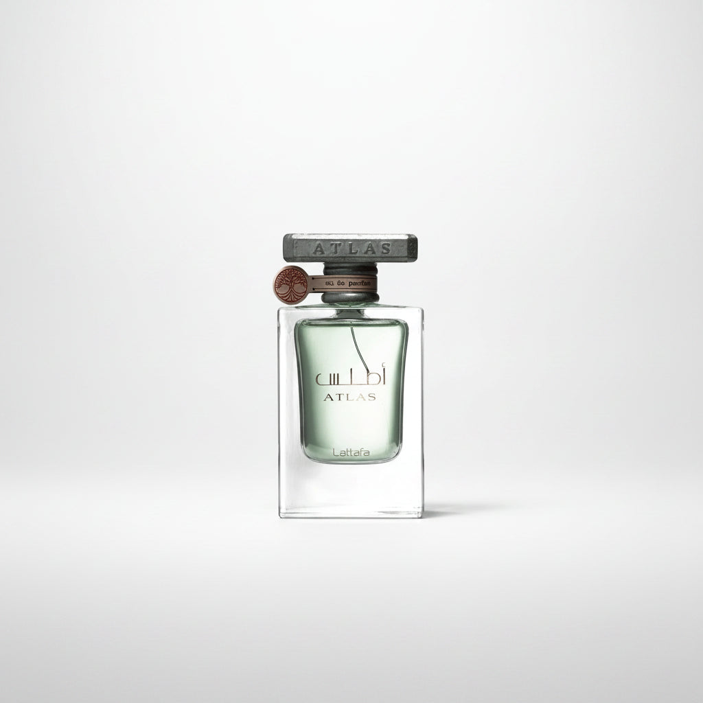 Perfume bottle labeled 'Atlas' on a white background