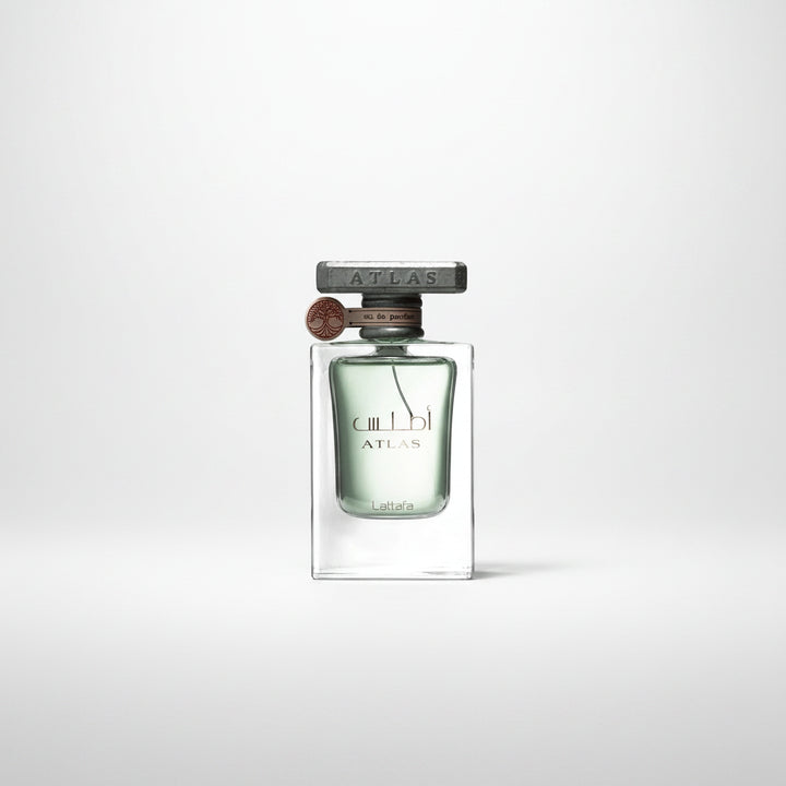 Perfume bottle labeled 'Atlas' on a white background