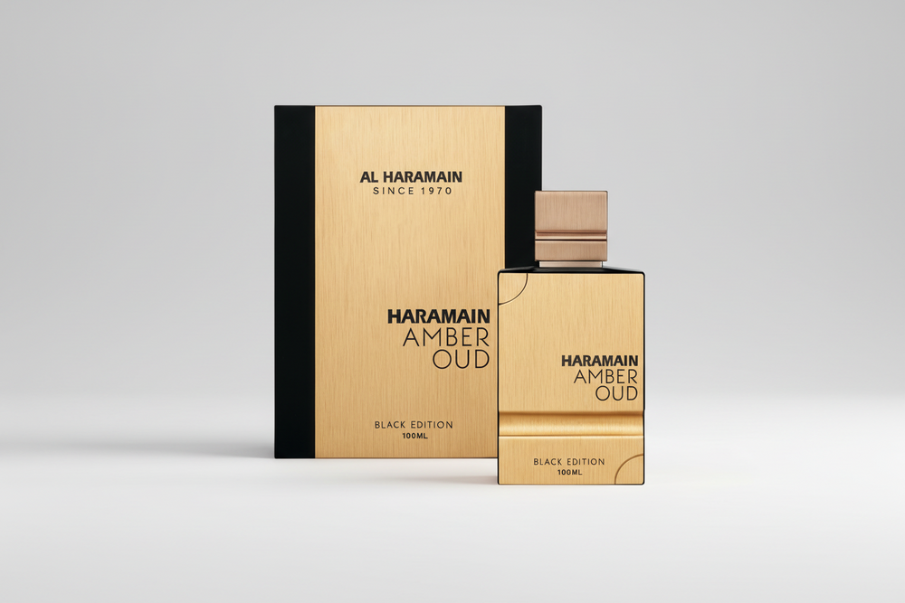 Al Haramain Amber Oud Black Edition EDP 100ml perfume bottle and box – elegant rich oriental woody fragrance with top notes bergamot lemon black pepper, heart of cedarwood jasmine lavender, base of amber musk oud patchouli
