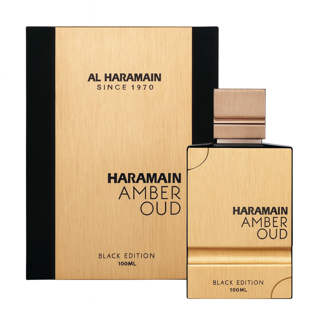 Al Haramain Amber Oud Black Edition EDP 100ml perfume bottle and box – elegant rich oriental woody fragrance with top notes bergamot lemon black pepper, heart of cedarwood jasmine lavender, base of amber musk oud patchouli