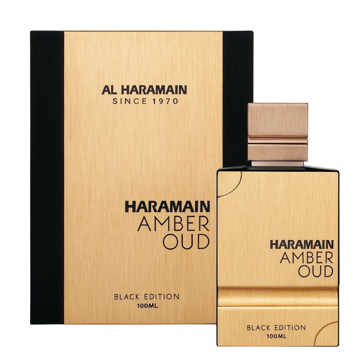 Al Haramain Amber Oud Black Edition EDP 100ml perfume bottle and box – elegant rich oriental woody fragrance with top notes bergamot lemon black pepper, heart of cedarwood jasmine lavender, base of amber musk oud patchouli