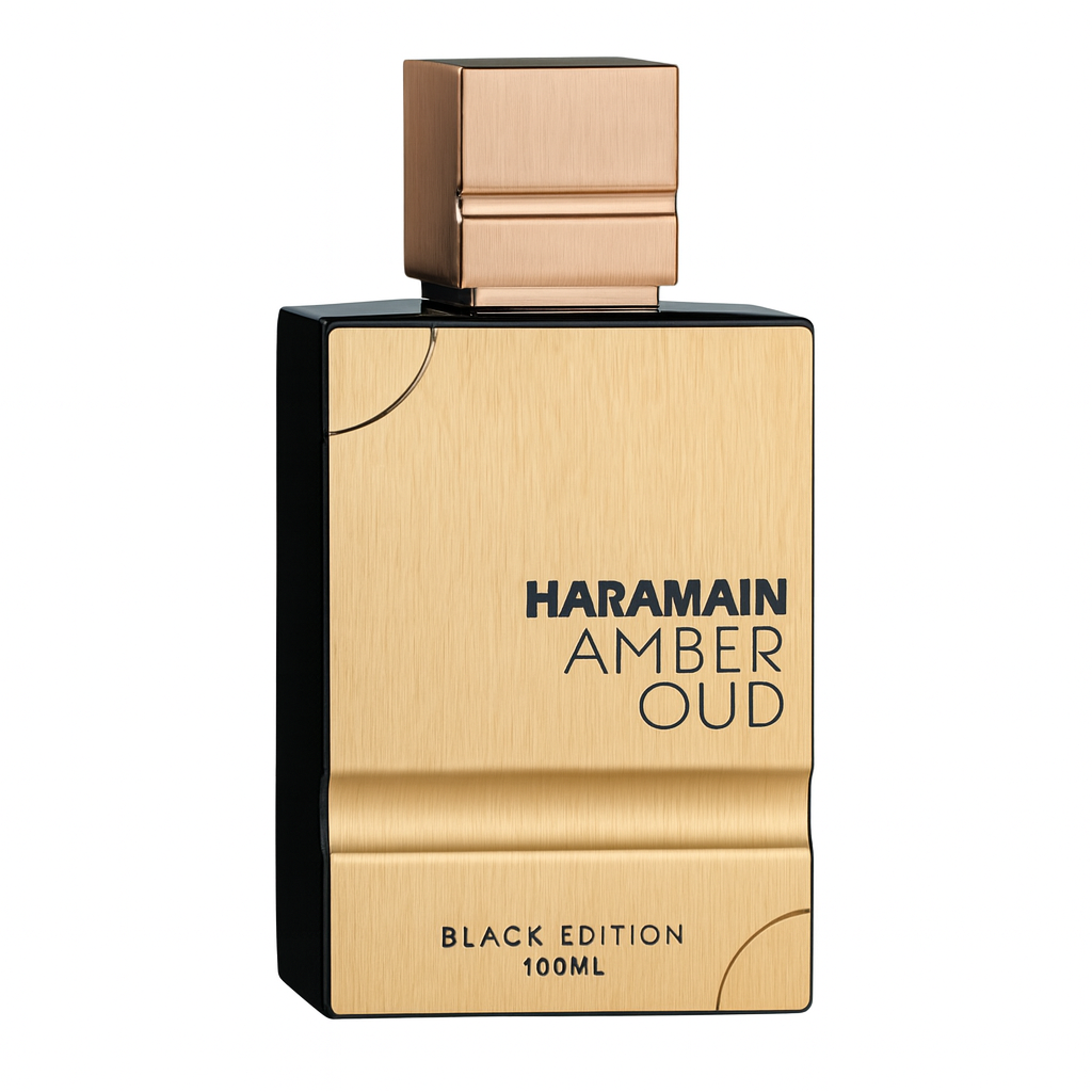 Al Haramain Amber Oud Black Edition EDP 100ml perfume bottle straight front view – sophisticated long lasting oriental woody scent with bergamot lemon black pepper, cedarwood jasmine lavender, amber musk oud patchouli