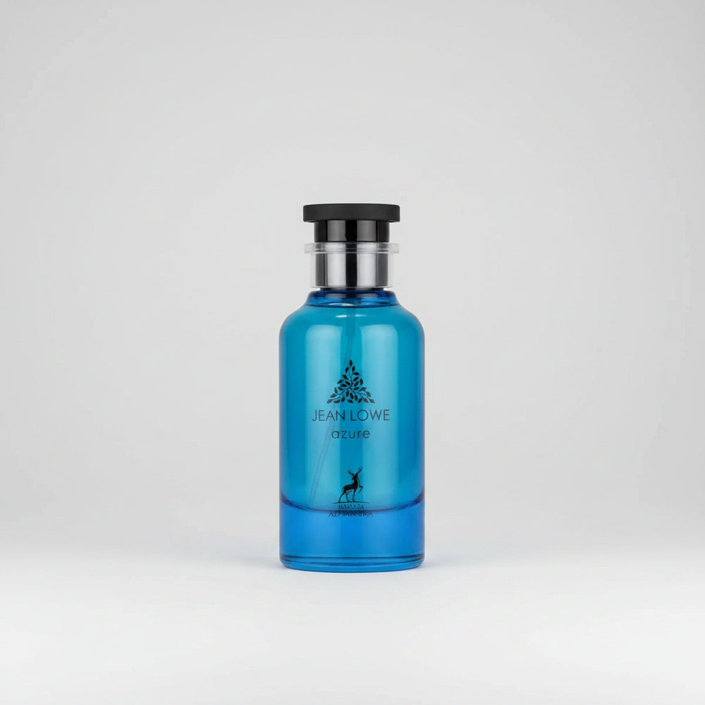 Jean Lowe Azure Eau de Toilette bottle, featuring a translucent blue glass body with a black cap and silver collar, on a white background.