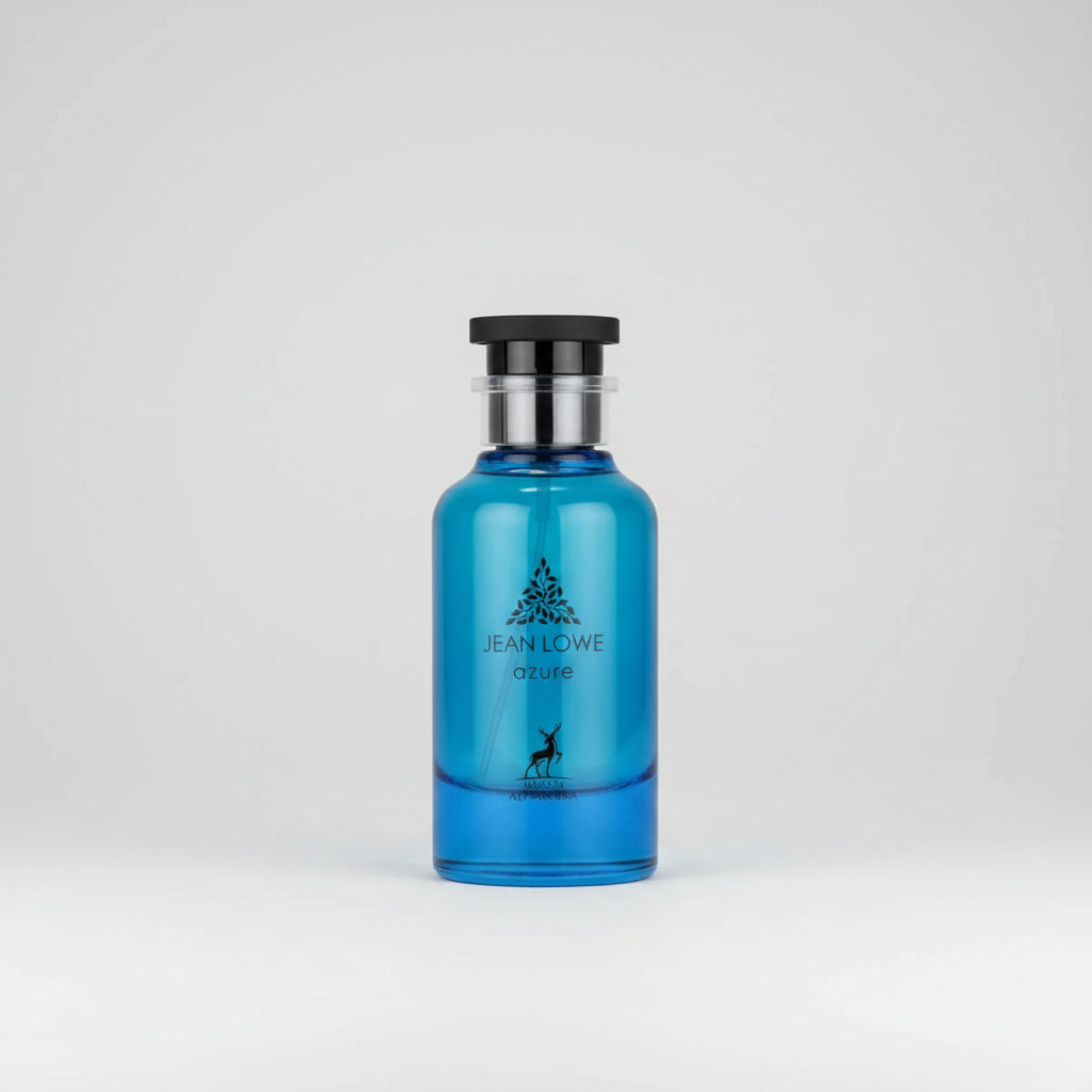 Jean Lowe Azure Eau de Toilette bottle, featuring a translucent blue glass body with a black cap and silver collar, on a white background.