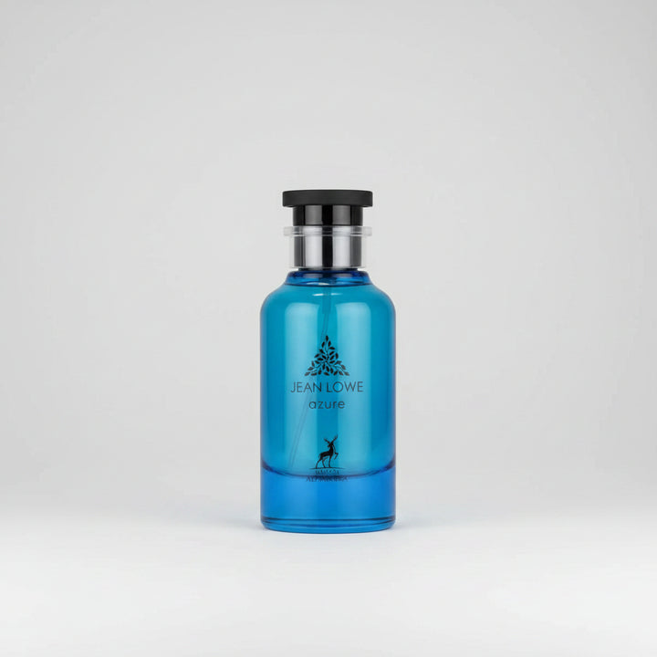Jean Lowe Azure Eau de Toilette bottle, featuring a translucent blue glass body with a black cap and silver collar, on a white background.