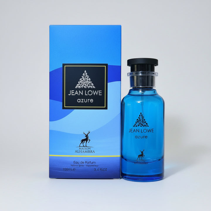Jean Lowe Azure Eau de Parfum bottle and its blue packaging box, featuring a black deer logo and the brand name Jean Lowe Azure.