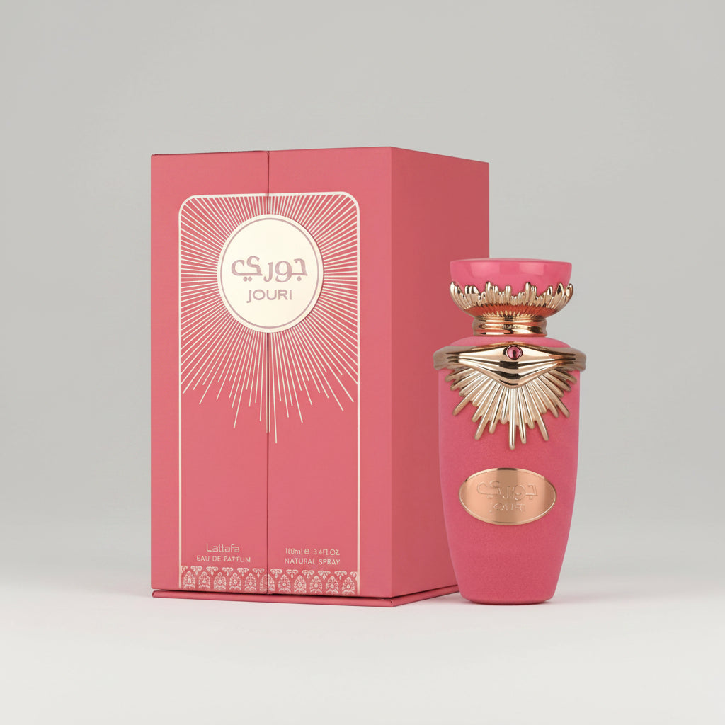 Pink Jouri perfume bottle and packaging on a white background