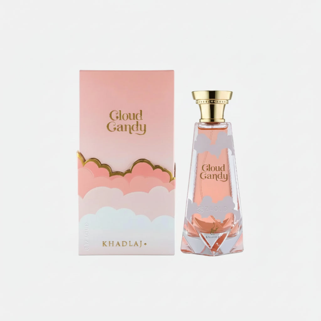 Khadraj Gloud Gandy perfume bottle and its matching pink cloud-patterned box on a clean white background.
