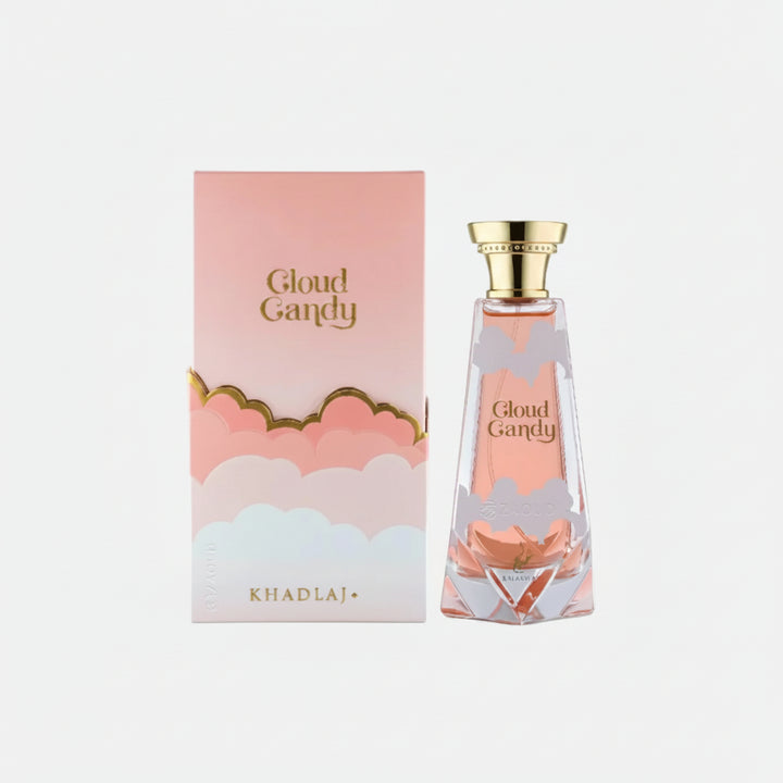 Khadraj Gloud Gandy perfume bottle and its matching pink cloud-patterned box on a clean white background.