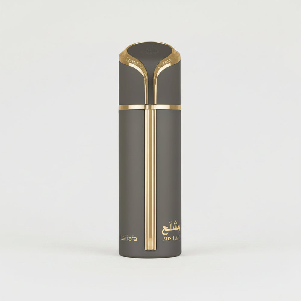 A tall cylindrical perfume bottle with a dark gray body and metallic gold accents, featuring the brand name 'Lattafa' and 'MISHARAH' printed in gold near the bottom, set against a plain white background.