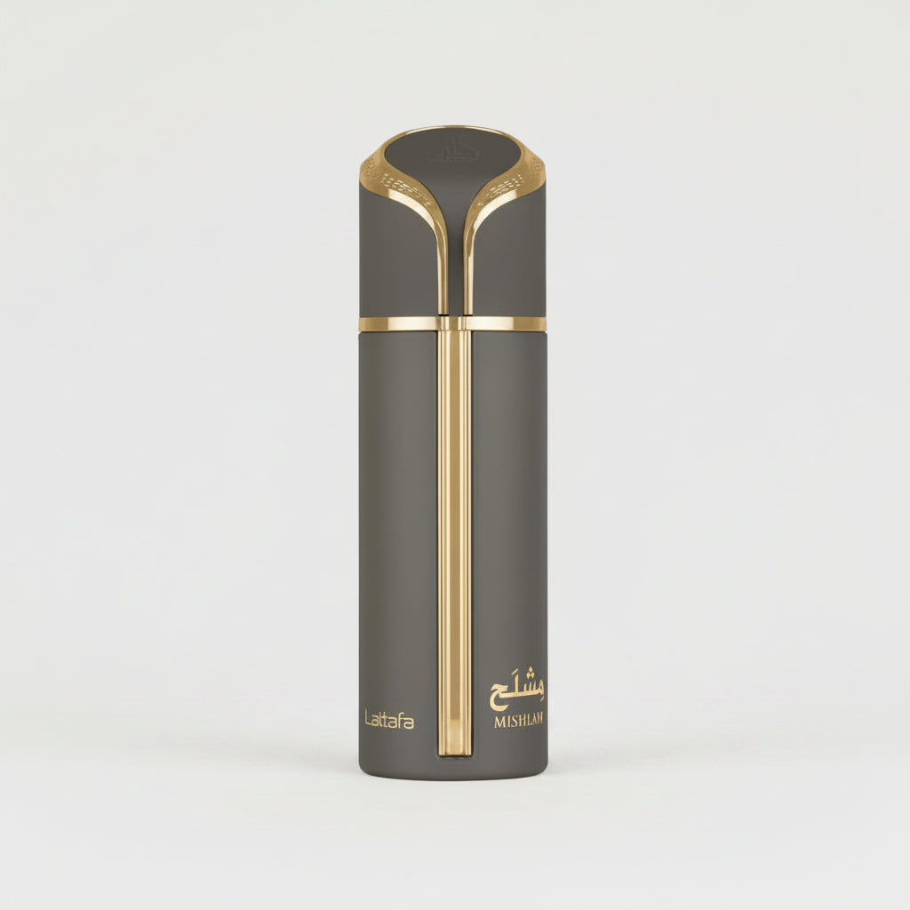 A tall cylindrical perfume bottle with a dark gray body and metallic gold accents, featuring the brand name 'Lattafa' and 'MISHARAH' printed in gold near the bottom, set against a plain white background.
