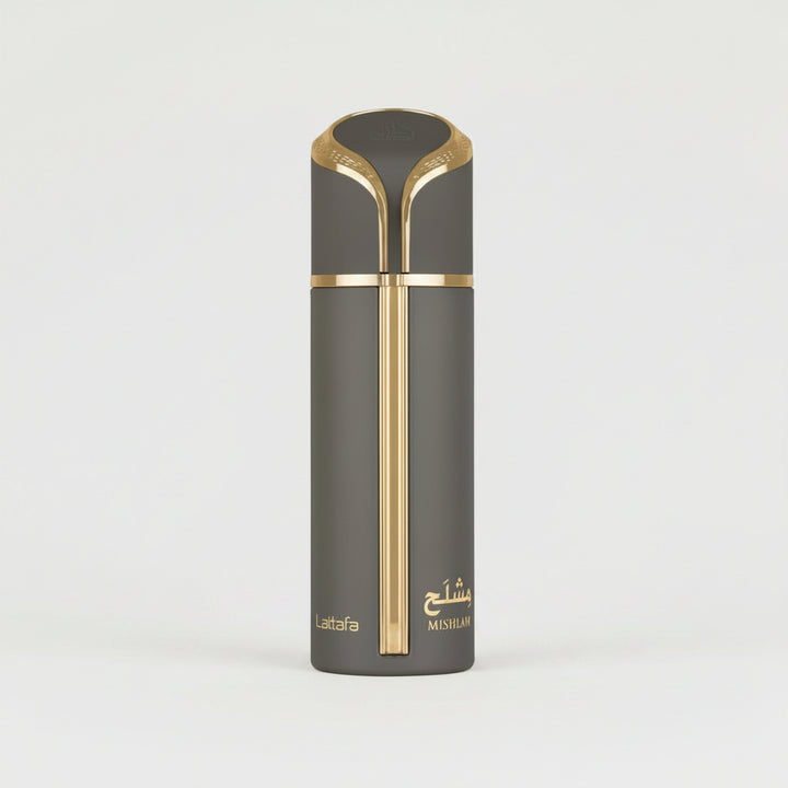 A tall cylindrical perfume bottle with a dark gray body and metallic gold accents, featuring the brand name 'Lattafa' and 'MISHARAH' printed in gold near the bottom, set against a plain white background.