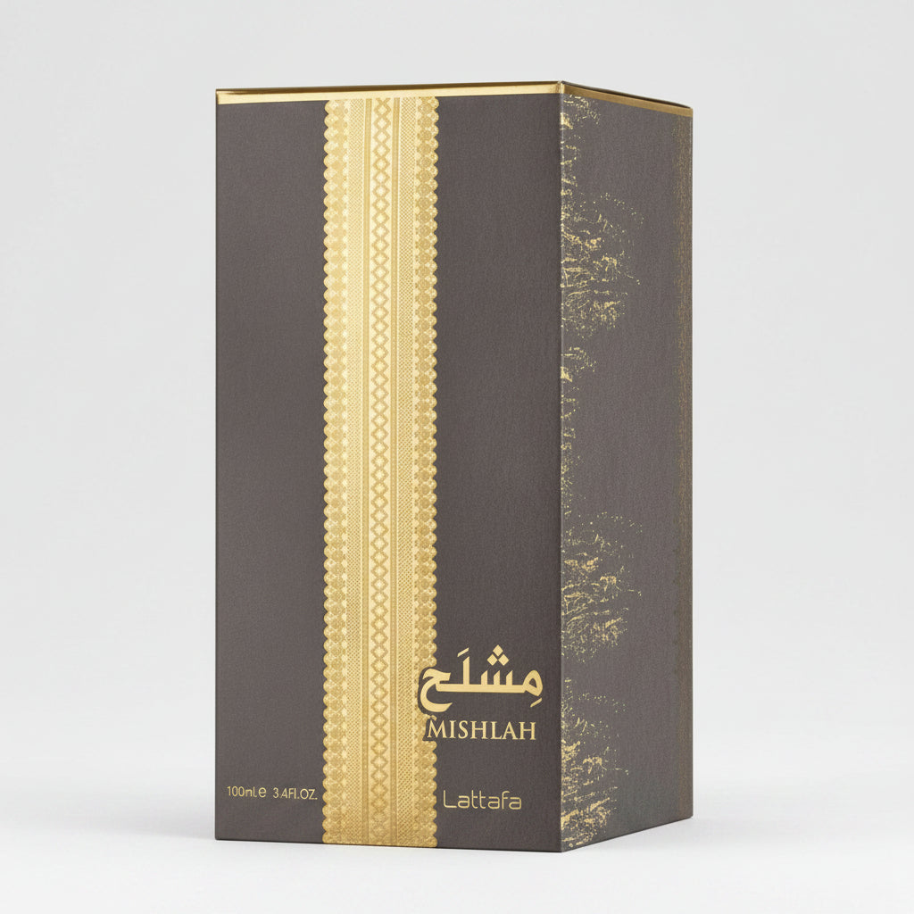 Lattafa Mishlah perfume box in dark brown and gold, featuring a vertical gold patterned stripe and gold lettering on a white background.