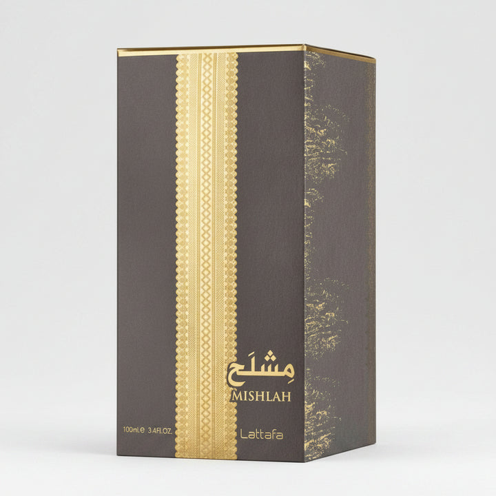 Lattafa Mishlah perfume box in dark brown and gold, featuring a vertical gold patterned stripe and gold lettering on a white background.