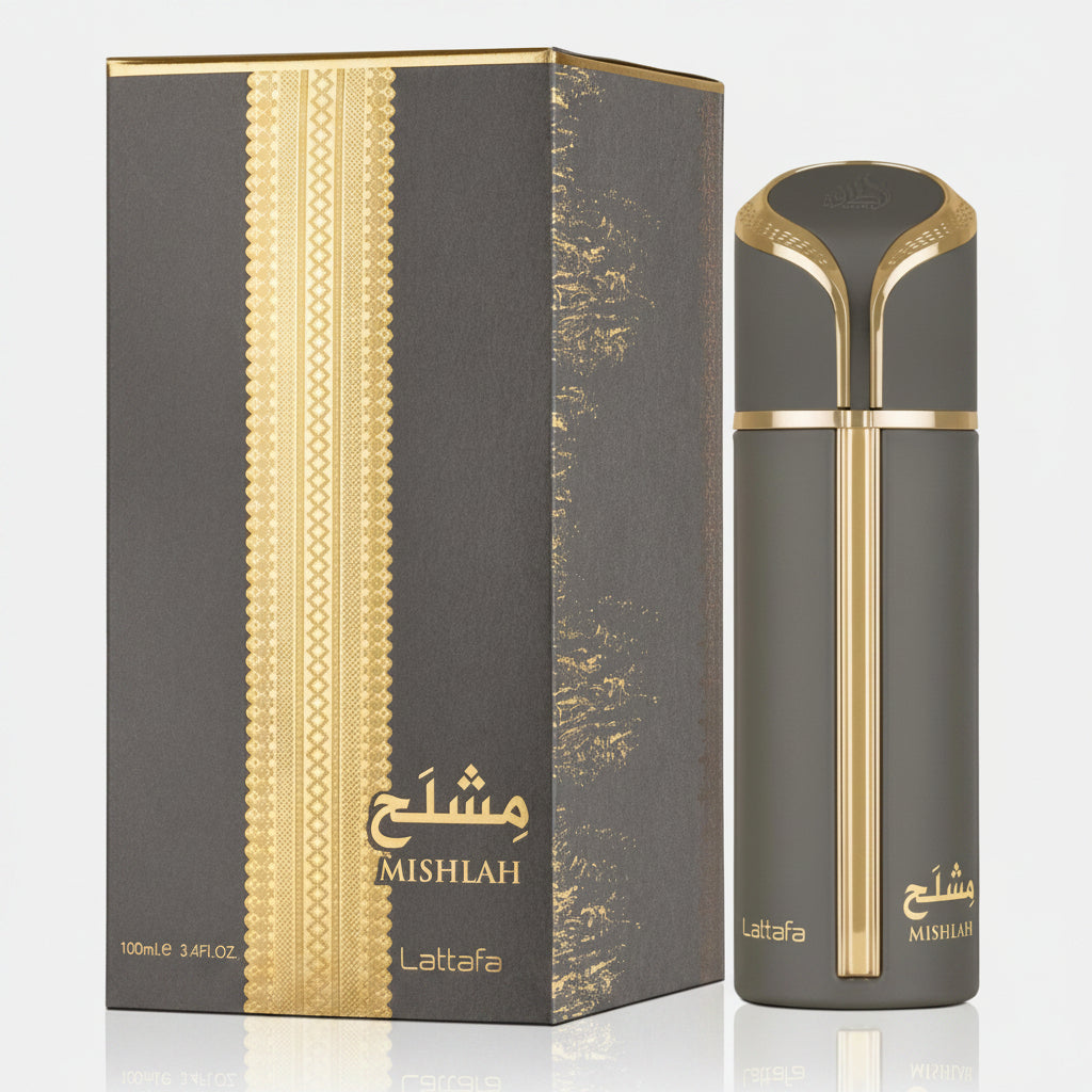 Mishlah Lattafa perfume bottle and its matching box, both in a dark gray and gold color scheme, set against a plain white background.