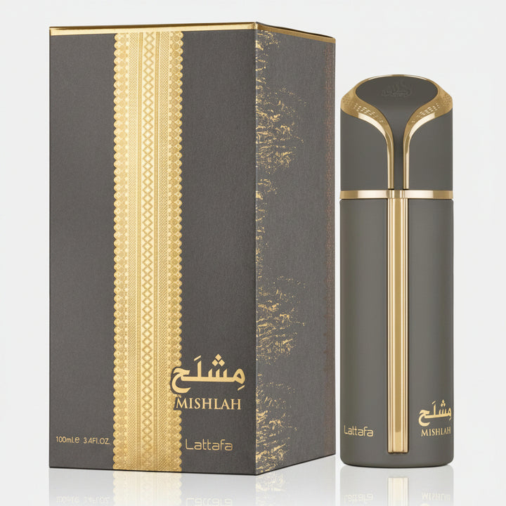 Mishlah Lattafa perfume bottle and its matching box, both in a dark gray and gold color scheme, set against a plain white background.
