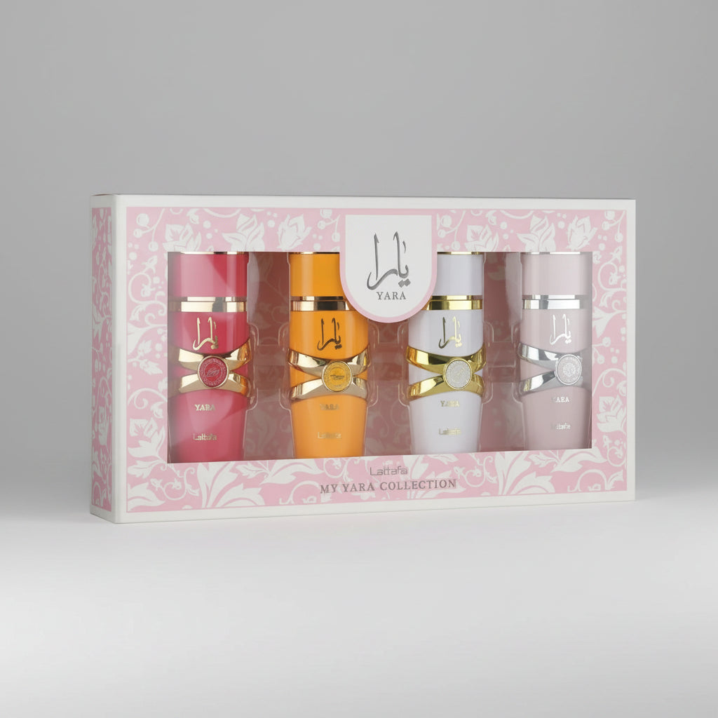 Set of four small bottles with colorful labels in a decorative box, featuring the Yara brand.