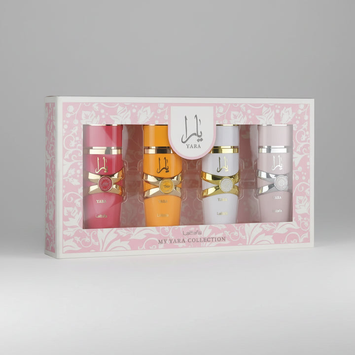 Set of four small bottles with colorful labels in a decorative box, featuring the Yara brand.