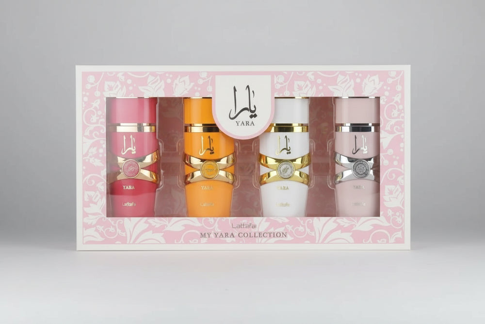 Set of four small bottles with colorful labels in a decorative box, featuring the Yara brand.