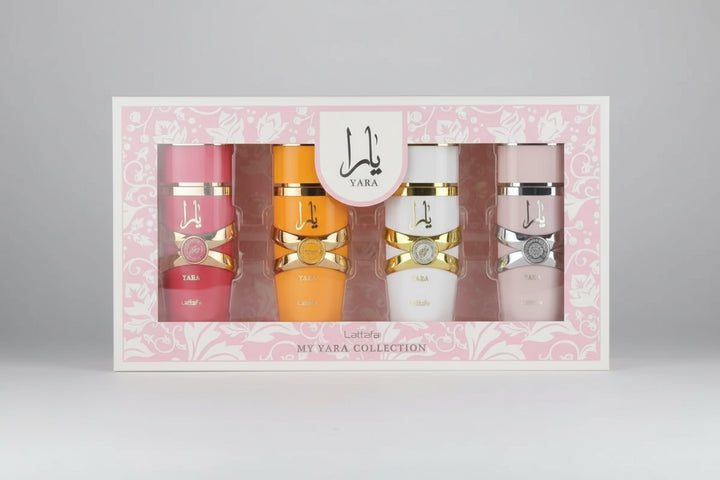 Set of four small bottles with colorful labels in a decorative box, featuring the Yara brand.