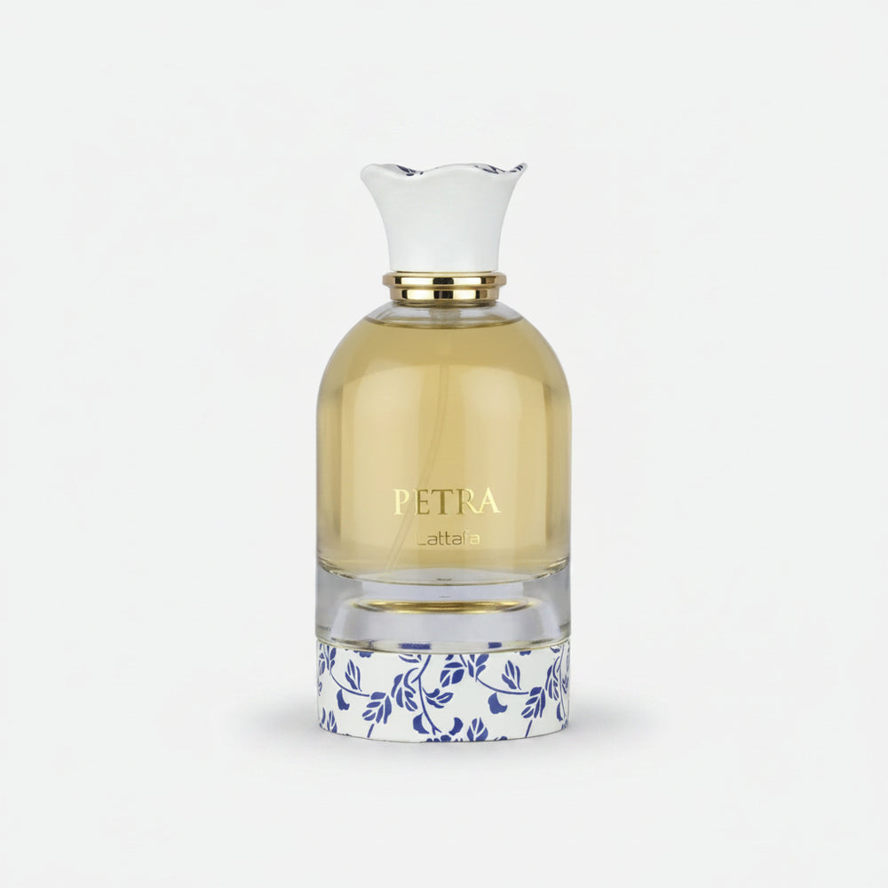 Perfume bottle labeled 'Petra' by Lattafa on a white background