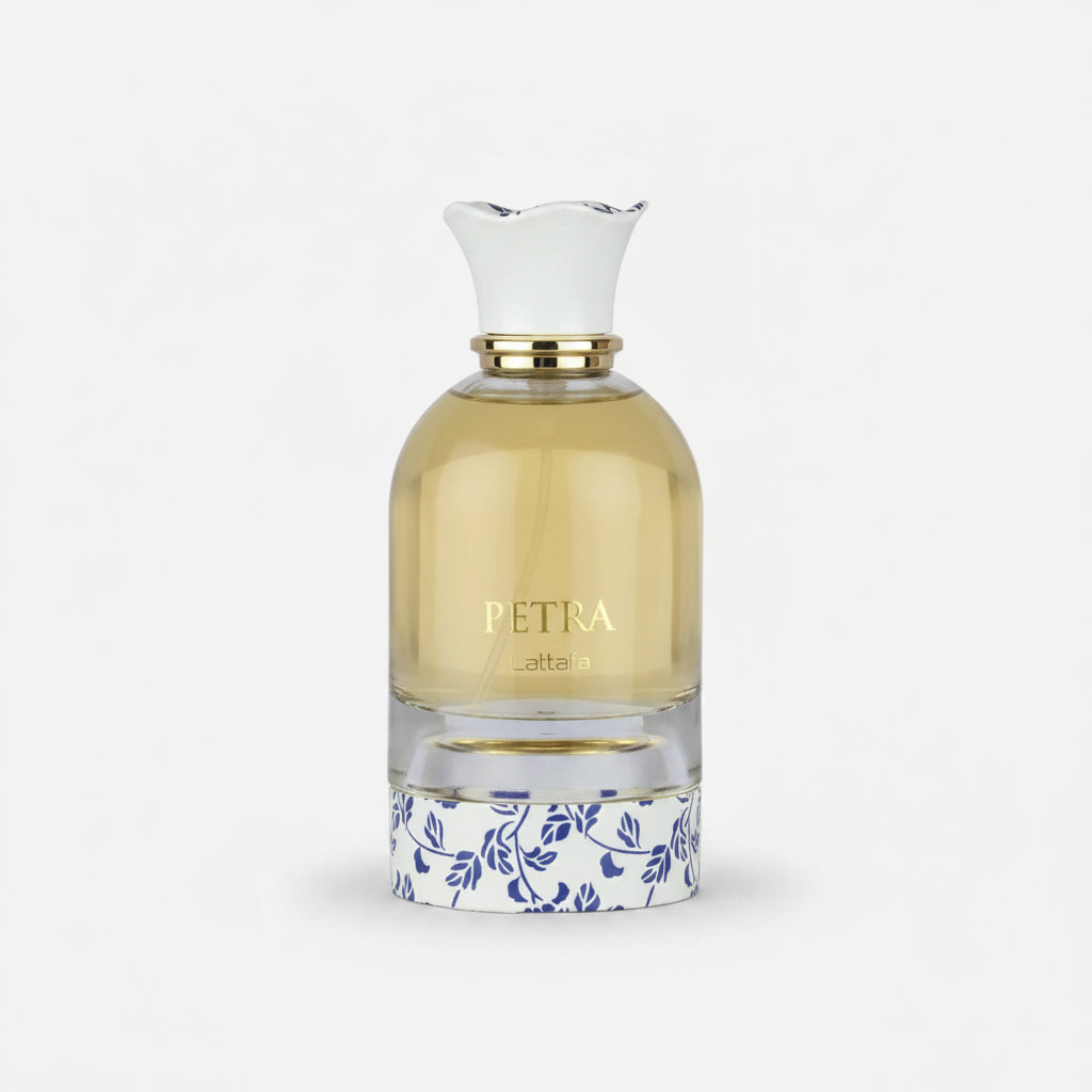 Perfume bottle labeled 'Petra' by Lattafa on a white background