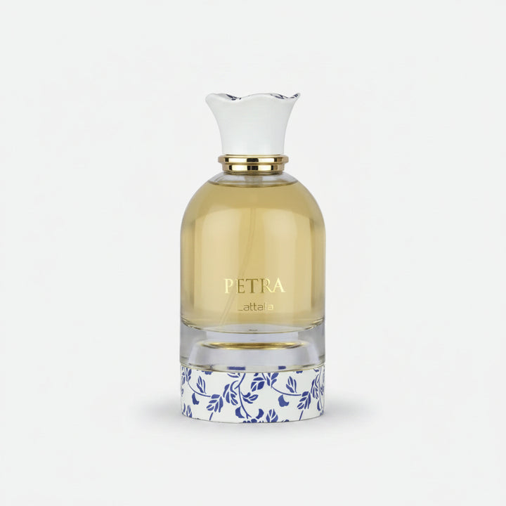 Perfume bottle labeled 'Petra' by Lattafa on a white background