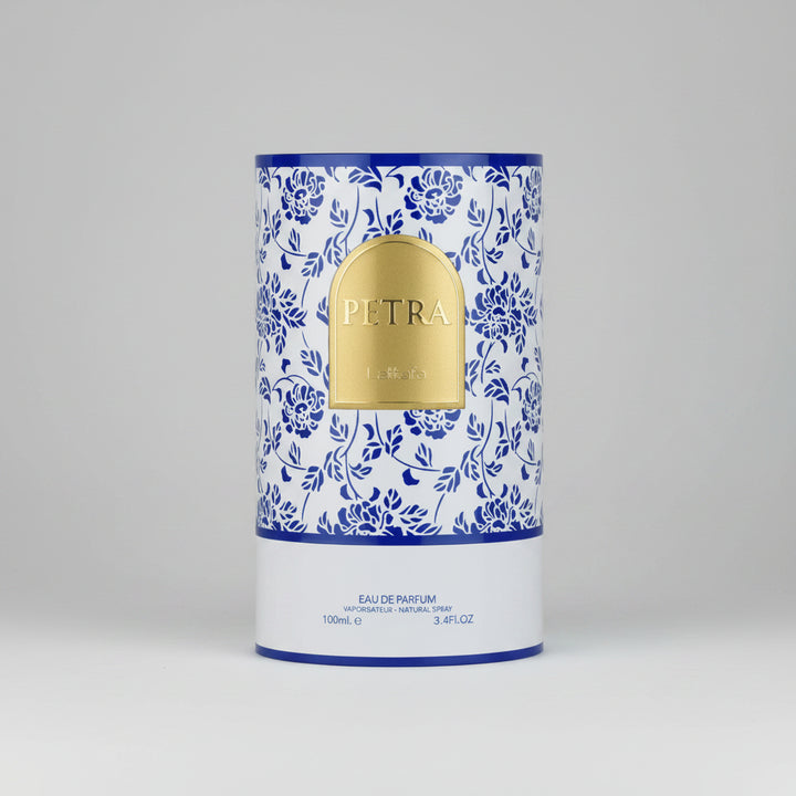 Perfume packaging with floral design and 'Petra' branding on a white background