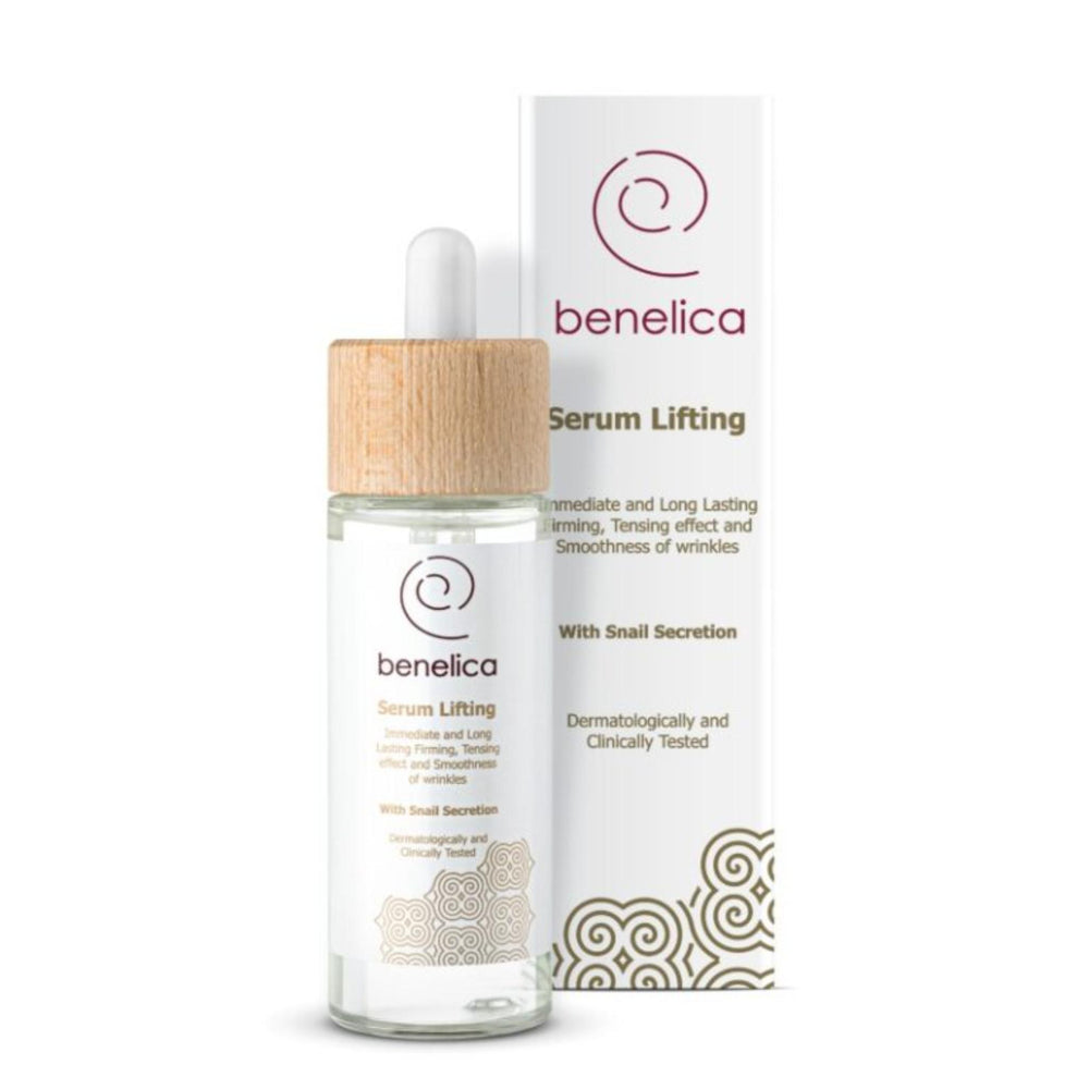 Benelica Serum Lifting 30ml tube and box front view – powerful lifting rejuvenating serum with snail secretion and peptides for smooth firm complexion