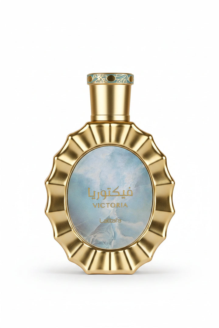 Gold perfume bottle with 'Victoria' label on a white background