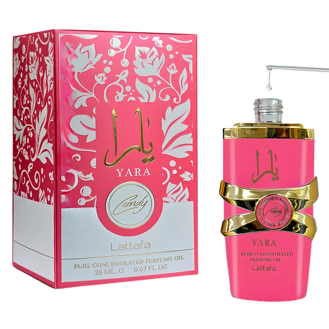 Pink Yara perfume bottle and packaging with gold accents on a white background