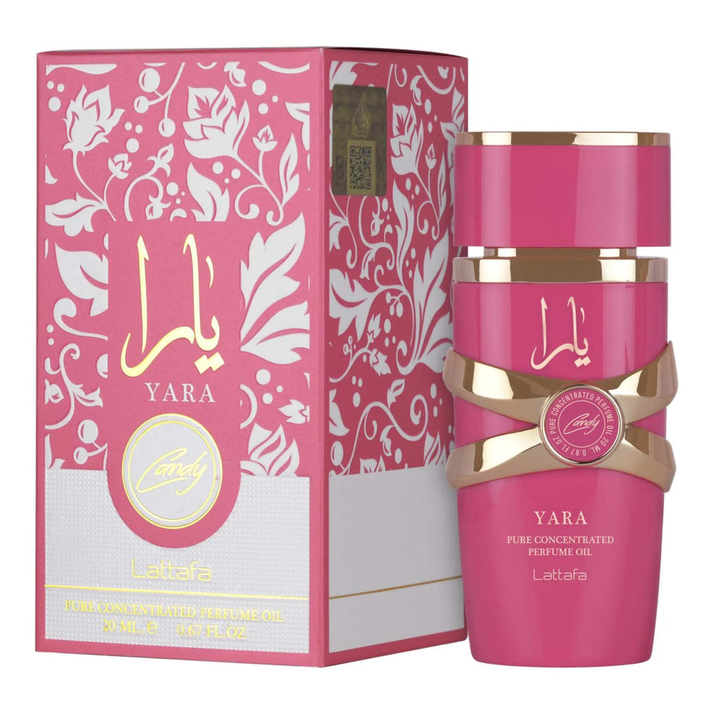 Pink Yara perfume bottle and packaging with gold accents on a white background