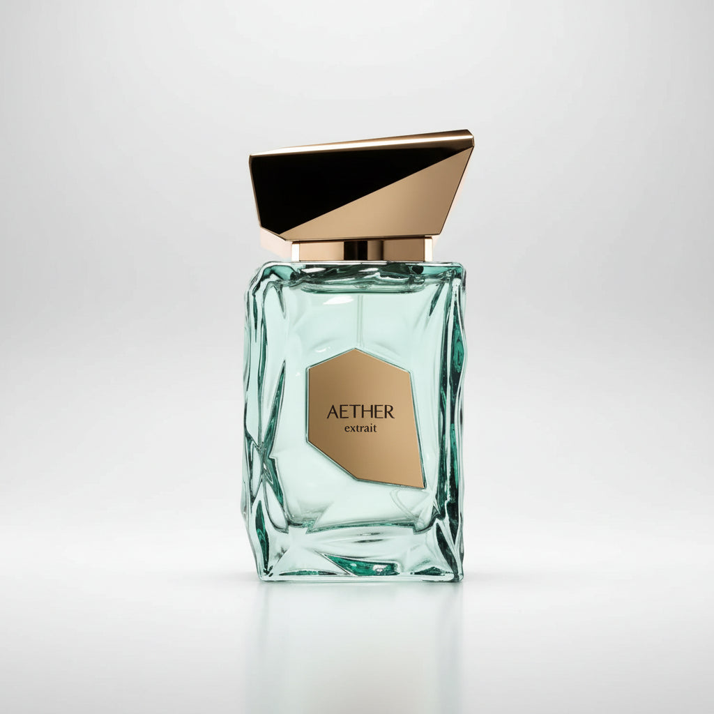 Perfume bottle with gold cap and 'Aether' label on a white background