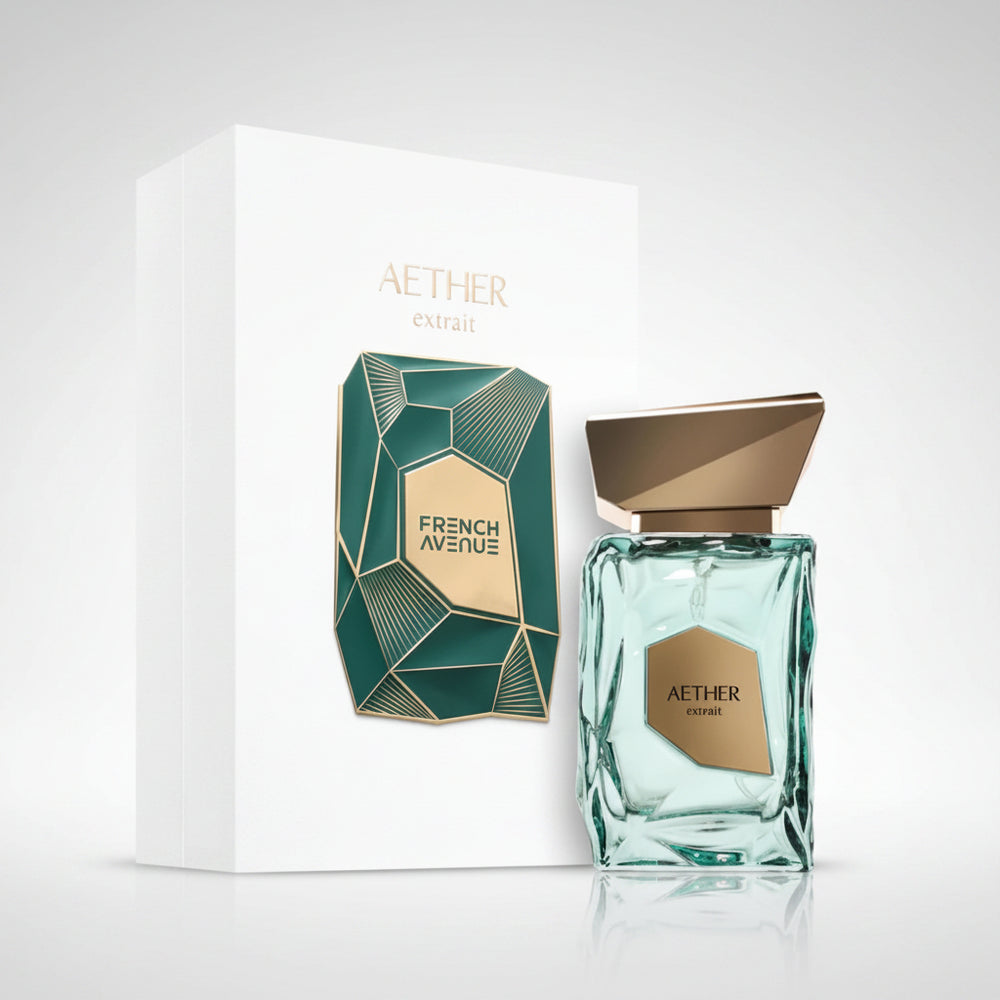 Aether perfume bottle and packaging on a white background