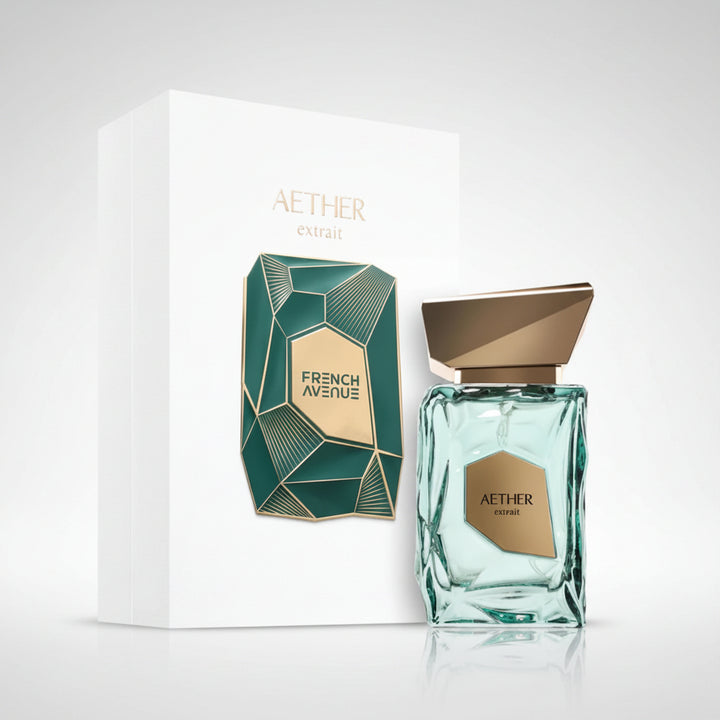 Aether perfume bottle and packaging on a white background