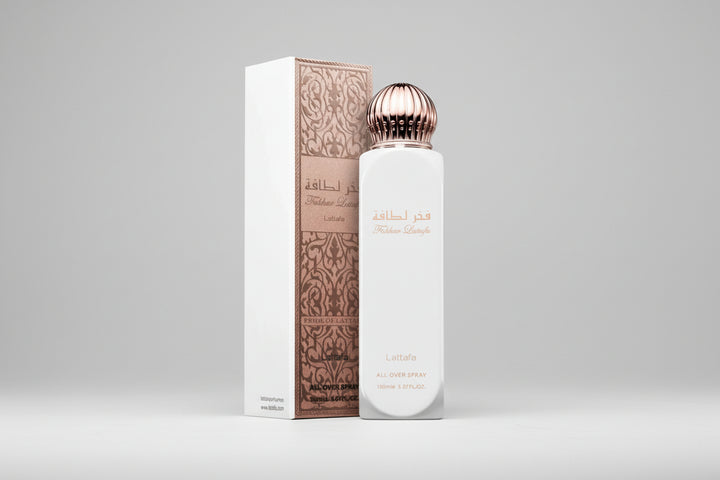 Perfume bottle with decorative packaging on a white background