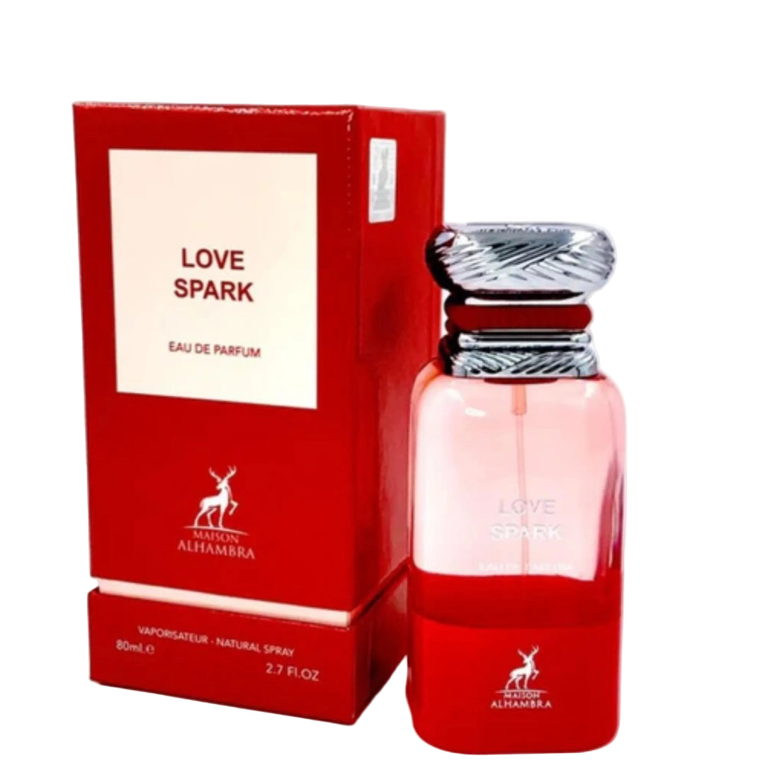 Alhambra Love Spark Eau de Parfum bottle and its red packaging box on a white background.