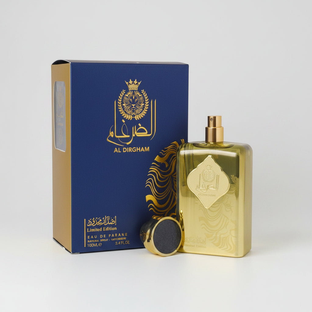 Al Dirham Eau de Parfum bottle and its blue and gold packaging box, featuring a gold-embossed label and Arabic text on a light gray background.