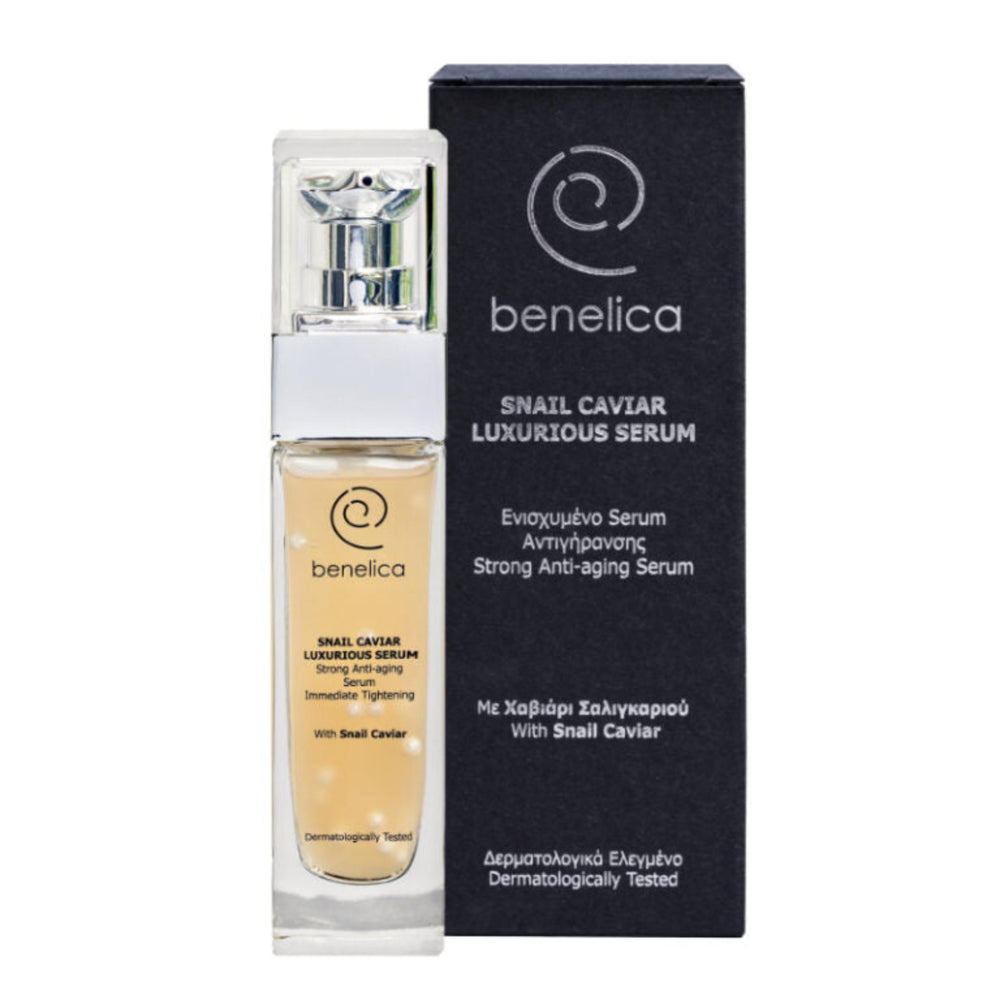 Benelica Snail Caviar Serum clear bottle and box front view – intensive nourishing serum with snail secretion and caviar extract for smooth firm complexion